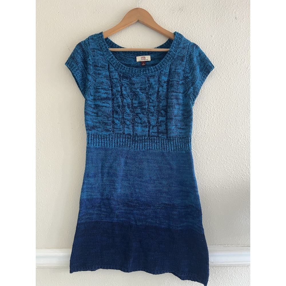 Lei Y2K Vintage Knit Sweater Dress Sz L Jr. Blue Ombre Short Sleeve Cable Knit